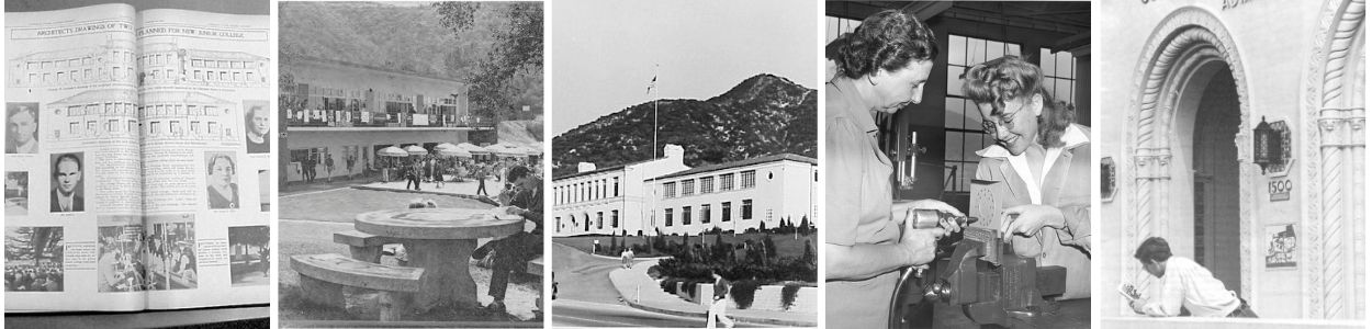Collage of various archive photos of GCC that includes achitecs drawings, students by the cafeteria building, administration building, students in a classroom, and a student by the front of the Administration building