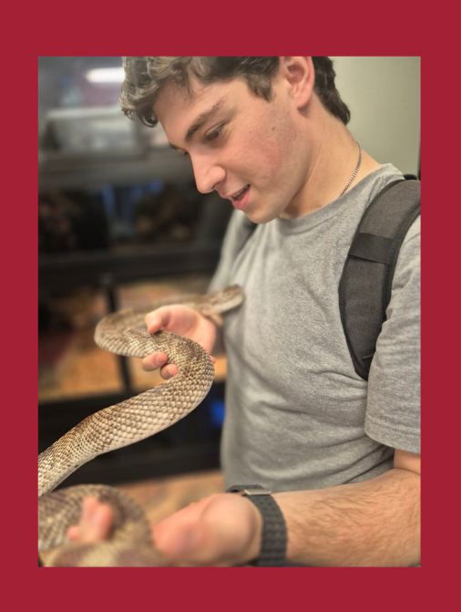 A young man wearing a backpack holding a snake.